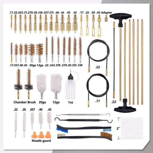 Universal Cleaning Kit for 20GA 12GA .45 .40 .357/.380/.38/9MM .338 .325/8mm .30/7.62MM .270 .250 .243 .22 .17 All Calibers